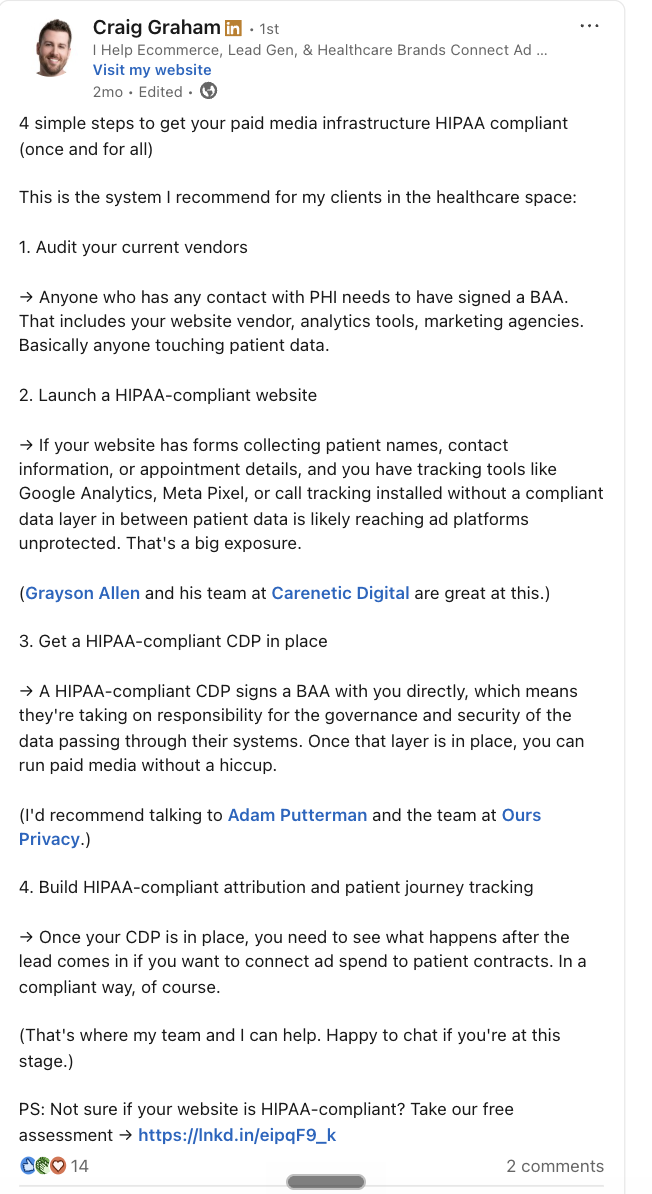 LinkedIn post: 4 steps to HIPAA-compliant paid media infrastructure